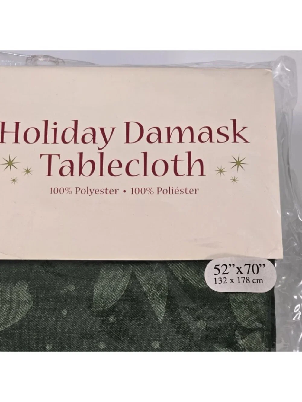 Vintage Holiday Damask Tablecloth Green Poinsettia  52” x 70” Polyester